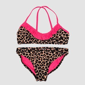Xhilaration Leopard Print Bikini Set Pink Ruffle Girls Size 7/8 Medium Swimwear